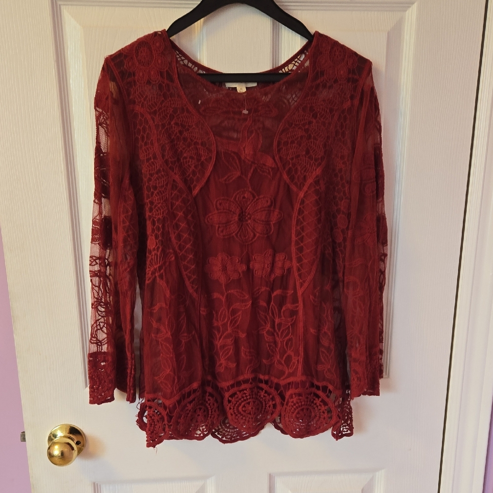Adiva Red Lace Peplum Blouse with Long Sleeves